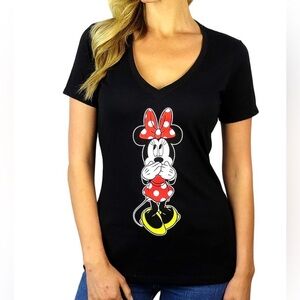 Disney Women’s S Minnie Mouse Black V-Neck Graphic T-Shirt Tee Giggles Pose